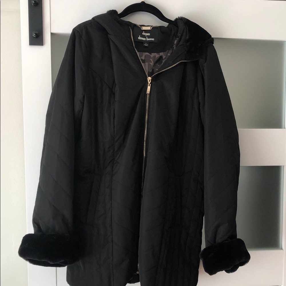 Dennis Basso Quilted Black Puffer Coat with Fur Cuffs